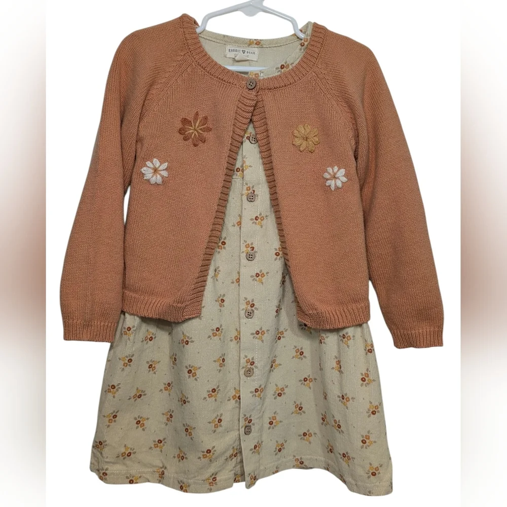 Rabbit + Bear Organic Cotton Floral Cardigan & Dress Bundle Girls 3T Orange Tan